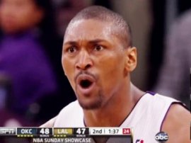 metta world peace crazy eyes at serge ibaka after james harden elbow